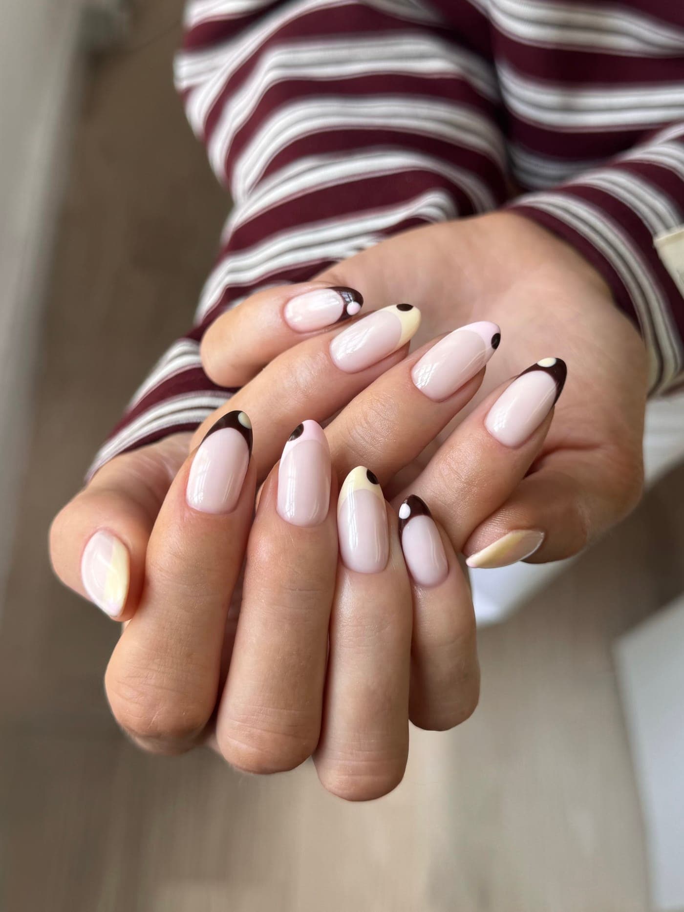 Chocolate brown french tip nails with a durable builder gel finish